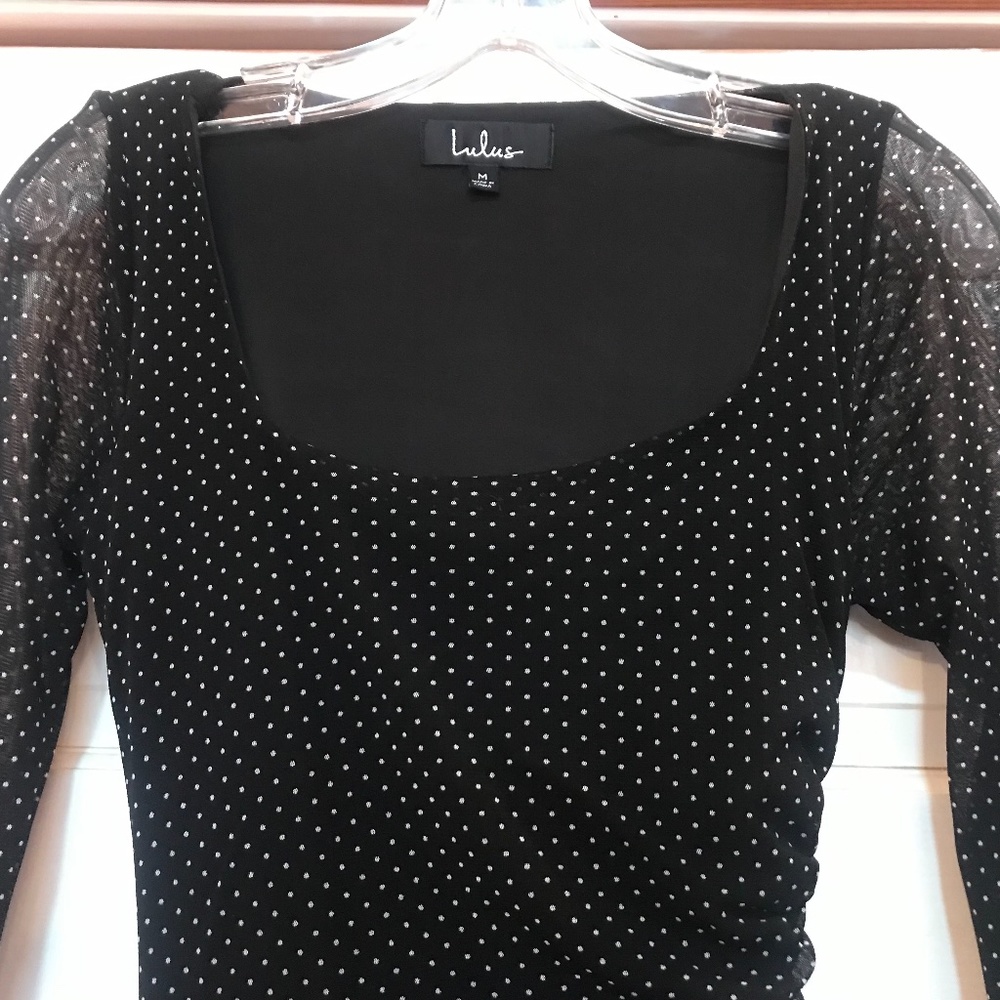 Polka Dot Fitted Dress with Sheer Sleeves